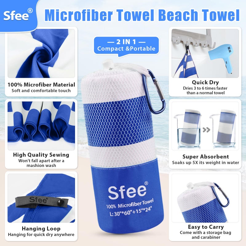 Sfee 2 in 1 Microfiber Oversized Beach Towel, Quick Dry Towel Travel Camping Towel Super Absorbent Compact Lightweight Sports Gym Towels for Beach,Gym, Hiking, Pool, Backpacking, Bath, Yoga - Image 2